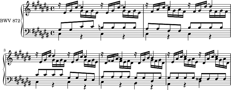 \version "2.18.2"
\header {
tagline = ##f
}
upper = \relative c' {
\clef treble
\key cis \major
\time 4/4
\tempo 4 = 80
\set Staff.midiInstrument = #"harpsichord"
%% PRÉLUDE CBT II-3, BWV 872, ut-dièse majeur
\repeat unfold 2 { << { r16 eis gis cis~ cis4 } \\ { s4 gis16 fis gis eis } >> }
<< { r16 fis16 ais cis~ cis4 r16 fis, gis dis'~ dis4 } \\ { s4 ais16 gis ais fis s4 gis16 fis gis fis } >>
<< { r16 eis16 gis dis'~ dis4 r16 eis,16 gis cis~ cis4 } \\ { s4 gis16 fis gis fis s4 gis16 fis gis eis } >>
<< { r16 dis16 fisis ais~ ais4 r16 dis,16 gis bis~ bis4 } \\ { s4 fisis16 eis fisis dis s4 gis16 fisis gis dis } >>
<< { r16 eis16 ais cis~ cis4 r16 dis,16 ais' cis~ cis4 } \\ { s4 ais16 gis ais eis s4 ais16 gis ais dis, } >>
}
lower = \relative c {
\clef bass
\key cis \major
\time 4/4
\set Staff.midiInstrument = #"harpsichord"
<< { gis'8 gis cis cis b b b b ais ais fis fis \repeat unfold 4 { bis } \repeat unfold 4 { cis } gis gis eis eis | ais ais ais ais gis gis dis gis | \repeat unfold 4 { gis } \repeat unfold 4 { fisis } | } \\ { \repeat unfold 3 { \repeat unfold 2 { cis4 r4 } } cis4 r4 bis r4 ais r4 dis } >>
}
\score {
\new PianoStaff <<
\set PianoStaff.instrumentName = #"BWV 872"
\new Staff = "upper" \upper
\new Staff = "lower" \lower
>>
\layout {
\context {
\Score
\remove "Metronome_mark_engraver"
}
}
\midi { }
}