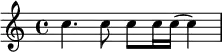 \relative c' { c'4. c8 c8 c16 c16( c4)}