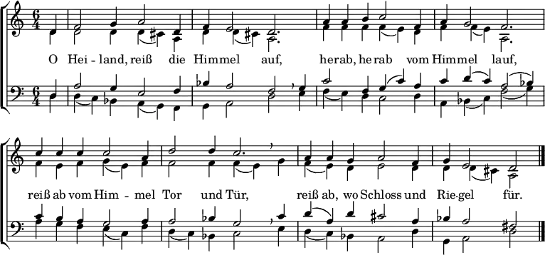 \header { tagline = ##f }
% Source: https://musescore.com/user/1081191/scores/1409031
\layout { indent = 0 \context { \Score \remove "Bar_number_engraver" } }
global = { \key d \dorian \time 6/4 \partial 4 }
soprano = \relative c' { \global
d4 | f2 g4 a2 d,4 | f e2 d2. |
a'4 a b c2 f,4 | a g2 f2. |
c'4 c c c2 a4 | d2 d4 c2. |
a4 a g a2 f4 | g e2 \set Score.tempoHideNote = ##t \tempo 4=60 d \bar "|."
}
alto = \relative c' { \global
d4 | d2 d4 d (cis) a | d d (cis) a2. |
f'4 f f f (e) d | f f (e) a,2. |
f'4 e f g (e) f | f2 f4 f (e) \breathe g |
f (e) d e2 d4 | d d (cis) a2 \bar "|."
}
tenor = \relative c' { \global
d,4 | a'2 g4 e2 f4 | bes a2 f2 \breathe g4 |
c2 f,4 g (c) a | c d (c) a2 (bes4) |
c4 b a g2 a4 | a2 bes4 g2 \breathe c4 |
d (a) d cis2 a4 | bes a2 fis \bar "|."
}
bass = \relative c { \global
d4 | d (c) bes a (g) f | g a2 d e4 |
f (e) d c2 d4 | a bes (c) f2 (g4) |
a g f e (c) f | d (c) bes c2 e4 |
d (c) bes a2 d4 | g, a2 d \bar "|."
}
verse = \lyricmode {
O Hei -- land, reiß die Him -- mel auf,
he -- rab, he -- rab vom Him -- mel lauf,
reiß ab vom Him -- mel Tor und Tür,
reiß ab, wo Schloss und Rie -- gel für.
}
\score {
\new ChoirStaff <<
\new Staff \with {
midiInstrument = "oboe"
} <<
\new Voice = "soprano" { \voiceOne \soprano }
\new Voice = "alto" { \voiceTwo \alto }
>>
\new Lyrics \with {
\override VerticalAxisGroup #'staff-affinity = #CENTER
} \lyricsto "soprano" \verse
\new Staff \with {
midiInstrument = "bassoon"
} <<
\clef bass
\new Voice = "tenor" { \voiceOne \tenor }
\new Voice = "bass" { \voiceTwo \bass }
>>
>>
\layout { }
\midi {
\tempo 4=120
}
}