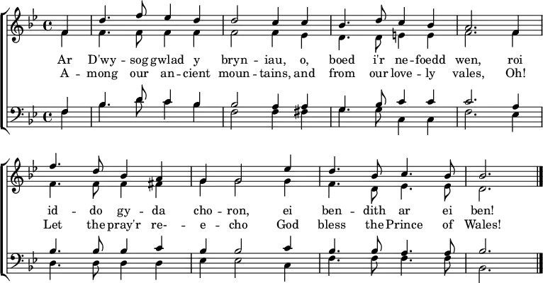 
\header { tagline = ##f }
\layout { indent = 0 \context { \Score \remove "Bar_number_engraver" } }

global = { \key bes \major \time 4/4 \partial 4 }

soprano = \relative bes' { \global
  f4 | d'4. f8 es4 d | d2 c4 c | bes4. d8 c4 bes | a2.
  f4 | f'4. d8 bes4 a | g g2 es'4 | d4. bes8 c4. bes8 bes2. \bar "|."
}

alto = \relative c' { \global
  f4 | f4. f8 f4 f | f2 f4 es | d4. d8 e4 e | f2.
  f4 | f4. f8 f4 fis | g g2 g4 f4. d8 es4. es8 | d2. \bar "|."
}

tenor = \relative c { \global
  f4 | bes4. d8 c4 bes | bes2 a4 a | g4. bes8 c4 c | c2.
  a4 | bes4. bes8 bes4 c | bes bes2 c4 bes4. bes8 a4. a8 | bes2. \bar "|."
}

bass = \relative c { \global
  f4 | bes4. d8 c4 bes | f2 f4 fis | g4. g8 c,4 c | f2.
  es4 | d4. d8 d4 d | es es2 c4 | f4. f8 f4. f8 | bes,2. \bar "|."
}

verse = \lyricmode {
  A -- mong our an -- cient moun -- tains,
  and from our love -- ly vales,
  Oh! Let the pray'r re- -- e -- cho
  God bless the Prince of Wales!
}
Welsh = \lyricmode {
  Ar D'wy -- sog gwlad y bryn -- iau,
  o, boed i'r ne -- foedd wen,
  roi id -- do gy -- da cho -- ron,
  ei ben -- dith ar ei ben! 
}

\score {
  \new ChoirStaff <<
    \new Staff \with { midiInstrument = "brass section" }
    <<
      \new Voice = "soprano" { \voiceOne \soprano }
      \new Voice = "alto" { \voiceTwo \alto }
    >>
    \new Lyrics \with { \override VerticalAxisGroup #'staff-affinity = #CENTER }
      \new Lyrics \lyricsto "soprano" \Welsh
      \new Lyrics \lyricsto "soprano" \verse
    \new Staff \with {  midiInstrument = "brass section" }
    <<
      \clef bass
      \new Voice = "tenor" { \voiceOne \tenor }
      \new Voice = "bass" { \voiceTwo \bass }
    >>
  >>
  \layout { }
  \midi { \tempo 4=102 }
}
