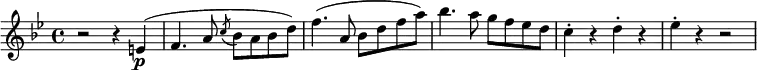 \relative e' {
\key bes \major \time 4/4
r2 r4 e( \p
f4. a8 \acciaccatura c8 bes a bes d)
f4.( a,8 bes d f a)
bes4.( a8 g f es d(
c4-. r d-. r
es4-. r r2
}
