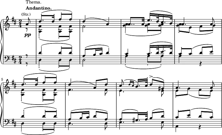 \new GrandStaff <<
\new Staff { \key d \major \time 2/4 \partial 8 \set Score.tempoHideNote = ##t \tempo "" 8 = 116
<<
\relative d''{
a8^\markup { \column {\line { Thema. } \line \bold { Andantino. } \line \center-align \smaller { (Str.) } } } d8.-.( d16-. fis8-. fis8-.) d4( a) a8.. a32 e'16.( d32 cis16. b32) a4. a8 d8.-.( d16-. fis8-. fis8-.) d4( a8) d8 cis8( \grace {d16 cis} b16.) cis32-. d8->( gis,8) a4. a8
}
\\
\relative d'{r8 <fis a,>4-.( q8-. q8-.) fis2 <g a>4-.( q8-. q8-.) q8-. e( fis g) <fis a,>4-.( q8-. q8-.) fis4. fis8 e4. e8 e8-. g( fis e)}
>>
}
\new Dynamics {s8\pp}
\new Staff {\clef bass \key d \major \time 2/4 \partial 8
<<
\relative d' {r8 d4-.( d8-. d8-.) a8( b16 cis d4) cis cis16.( d32 e16. d32) cis8-. cis( d e) d4-.( d8-. d8-.) a8( b16 cis d8 a8) a8( gis16.) a32-. b8( d) cis-. e( d cis)}
\\
\relative d {r8 d4-.( d8-. d8-.) d2 a'4-.( a8-. a8-.) a4 r4 d,4-.( d8-. d8-.) d4. d8 e4. e8 a,4 r4 }
>>
}
>>