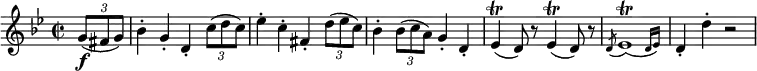 \relative g' {
\key g \minor \time 2/2 \override TupletBracket.bracket-visibility = ##f
\partial 4 \times 2/3 { g8( \f fis g) }
bes4-. g-. d-. \times 2/3 { c'8( d c) }
es4-. c-. fis,-. \times 2/3 { d'8( es c) }
bes4-. \times 2/3 { bes8( c a) } g4-. d-.
es4( \trill d8) r es4( \trill d8) r
\acciaccatura d8 \afterGrace es1( \trill {d16 es) }
d4-. d'-. r2
}