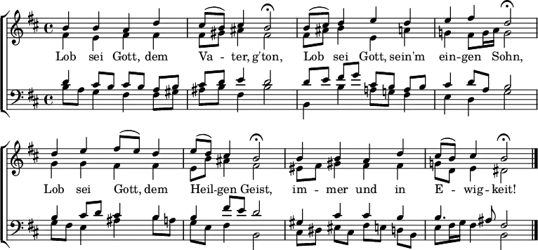 
\header { tagline = ##f }
\layout { indent = 0 \context { \Score \remove "Bar_number_engraver" } }

global = { \key b \minor \time 4/4 }

soprano = \relative c'' { \global \set Staff.midiPanPosition = -0.5 \set midiInstrument = "violin"
  b4 b a d | cis8 (b) cis4 b2\fermata |
  b8 (cis) d4 e d | e fis d2\fermata |
  d4 e fis8 (e) d4 | e8 (d) cis4 b2\fermata |
  b4 b a d | cis8 (b) cis4 b2\fermata \bar "|."
}

alto = \relative c' { \global \set Staff.midiPanPosition = 0.5 \set midiInstrument = "violin"
  fis4 e fis fis | fis8 gis ais4 fis2 |
  fis8 ais b4 e, a | g! fis8 g16 a g2 |
  g4 g fis fis | e8 b' ais4 fis2 |
  eis8 fis gis4 fis fis | g!8 d e4 dis2 \bar "|."
}

tenor = \relative c' { \global \set Staff.midiPanPosition = -1 \set midiInstrument = "cello"
  d4 cis8 [b] cis [b] a b | cis d e4 d2 |
  d8 [e] fis g cis, [b] a b | cis4 d8 a b2 |
  b4 cis8 d cis4 b | b fis'8 e d2 |
  gis,4 cis cis b | b4. ais8 fis2 \bar "|."
}

bass = \relative c { \global \set Staff.midiPanPosition = 1 \set midiInstrument = "contrabass"
  b'8 a g4 fis fis8 gis | ais b fis4 b2 |
  b,4 b' a!8 g! fis4 | e d g2 |
  g8 fis e4 ais b8 a | g e fis4 b,2 |
  cis8 [dis] eis cis fis [e] d b | e fis16 g fis4 b,2 \bar "|."
}

verse = \lyricmode {
  Lob sei Gott, dem Va -- ter, g'ton,
  Lob sei Gott, sein'm ein -- gen Sohn,
  Lob sei Gott, dem Heil -- gen Geist,
  im -- mer und in E -- wig -- keit!
}

\score {
  \new ChoirStaff <<
    \new Staff
    <<
      \new Voice = "soprano" { \voiceOne \soprano }
      \new Voice { \voiceTwo \alto }
    >>
    \new Lyrics \with { \override VerticalAxisGroup #'staff-affinity = #CENTER }
    \lyricsto "soprano" \verse
    \new Staff
    <<
      \clef bass
      \new Voice { \voiceOne \tenor }
      \new Voice { \voiceTwo \bass }
    >>
  >>
  \layout { }
}
\score { \midi { \tempo 4=96
  \context { \Score midiChannelMapping = #'instrument }
  \context { \Staff \remove "Staff_performer" }
  \context { \Voice \consists "Staff_performer" } }
  { << \soprano \\ \alto \\ \tenor \\ \bass >> }
}

