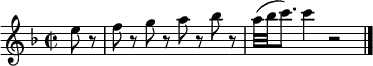 \relative c'' {
\time 2/2 \key f \major
\partial 4 e8 r |
f8 r g r a r bes r |
a32( bes c8.) c4 r2 | \bar "|."
}