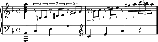 \new GrandStaff <<
\new Staff \relative c'' {
\time 2/2 \key f \major
<a c e a>4 \times 2/3 { r8 b, c } \times 2/3 { r dis e } \times 2/3 { r gis a } |
\times 2/3 { r8 b c } \times 2/3 { r dis e } \times 2/3 { r gis a } \times 2/3 { c b a } |
}
\new Staff \relative c {
\clef "bass"
\key f \major
<a a,>4 c e a |
\clef "treble" c4 e a r | \bar "|."
}
>>