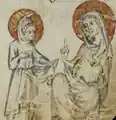 Jesus hands the water in his lap over to Mary.