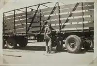 Kurt Johanssen in front of Bertha, the first road train, 1948
