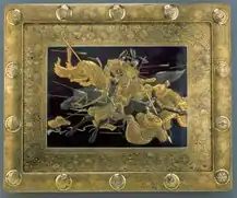 Iron plaque depicting a mounted Samarai battling Mongol foot soldiers by Komai