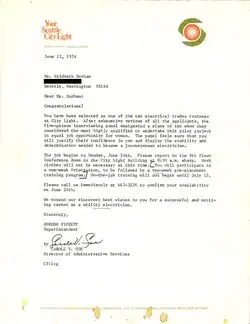Scanned document of Heidi Durham's acceptance letter into the Electrical Trades Trainee program